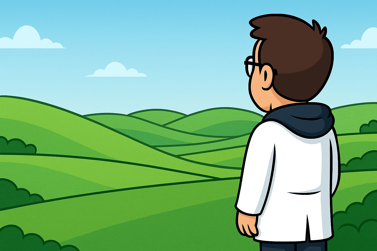 Illustration of the Marketing.clinic doctor looking across rolling green hills toward the horizon