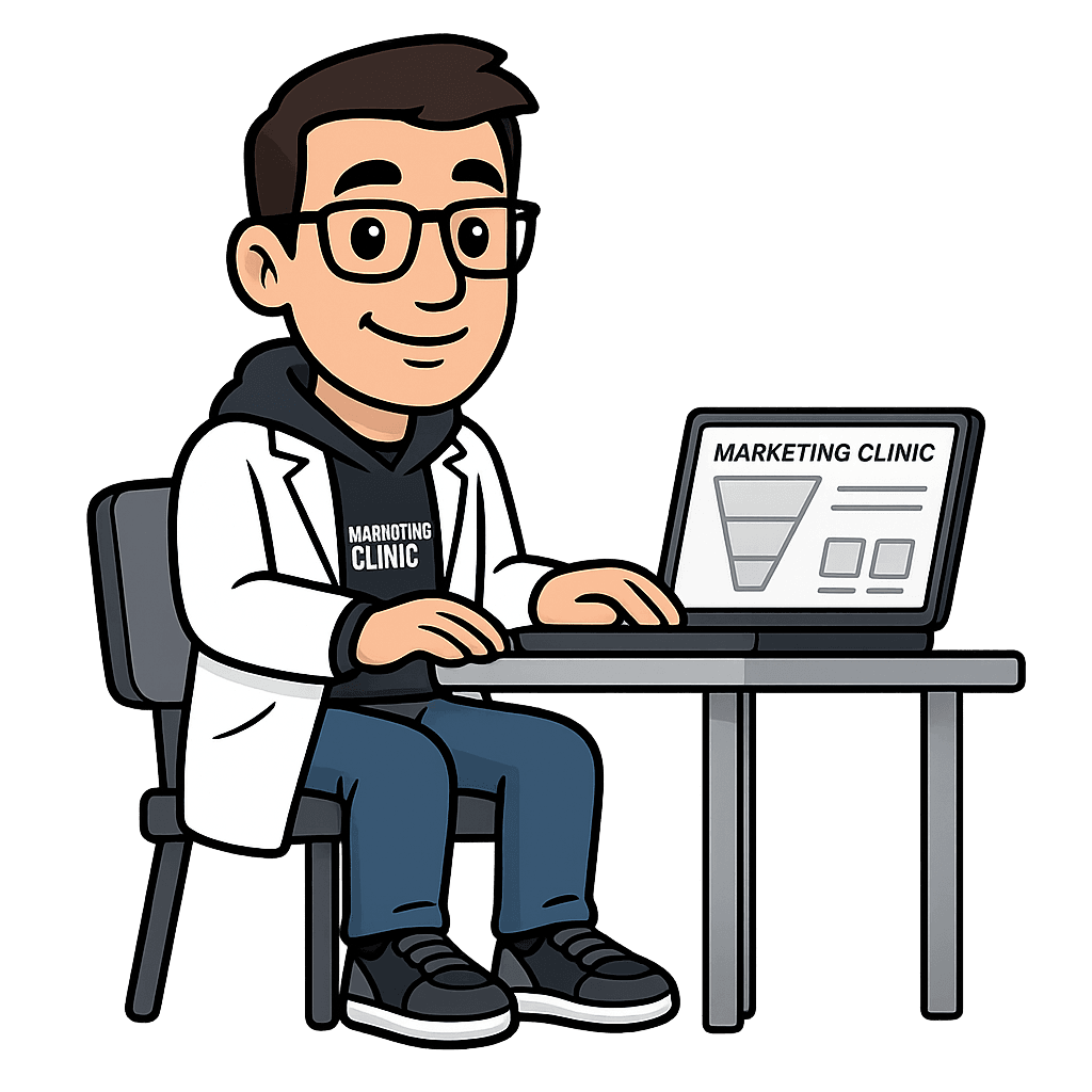 The Marketing.clinic mascot, a friendly consultant in a white coat, working at a laptop showing a conversion funnel