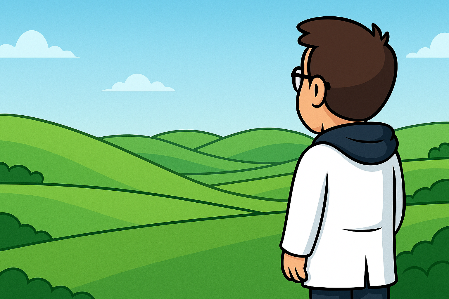 Illustration of the Marketing.clinic doctor looking across rolling green hills toward the horizon