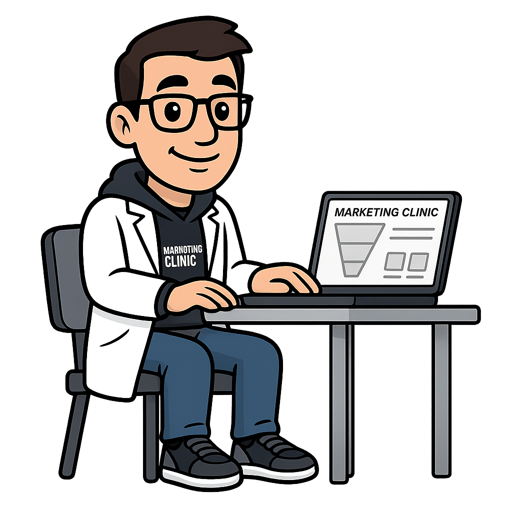 The Marketing.clinic mascot, a friendly consultant in a white coat, working at a laptop showing a conversion funnel